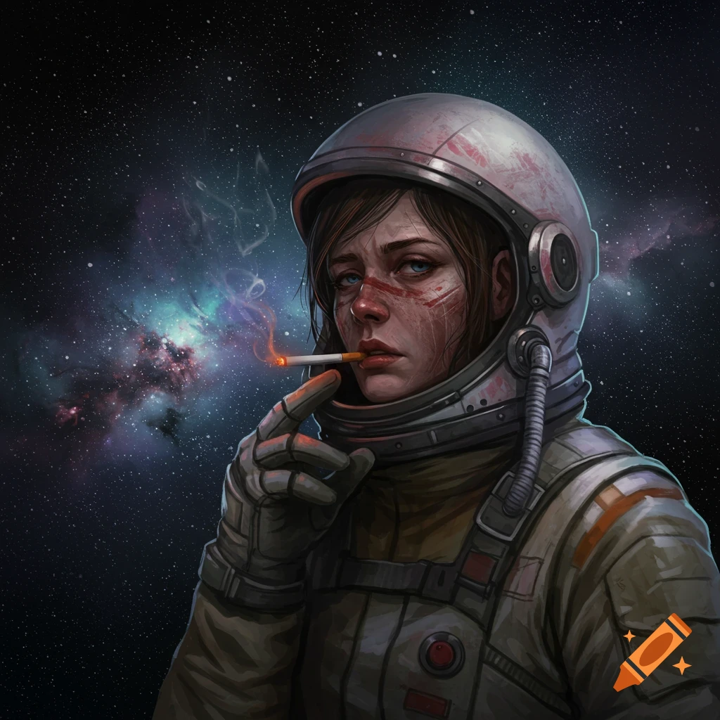 Portrait of a female astronaut smoking a cigarette in space with a nebula background. Gritty sci-fi art.