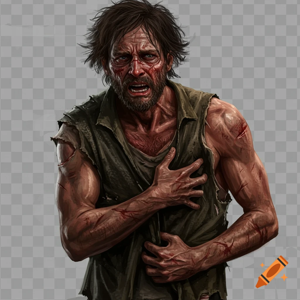 Illustration of a ragged, injured man clutching his chest