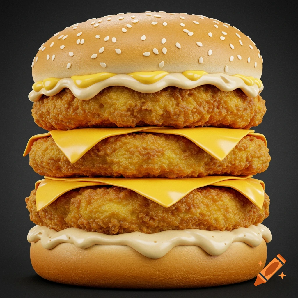 Close-up of a tall hamburger with multiple fried patties and cheese