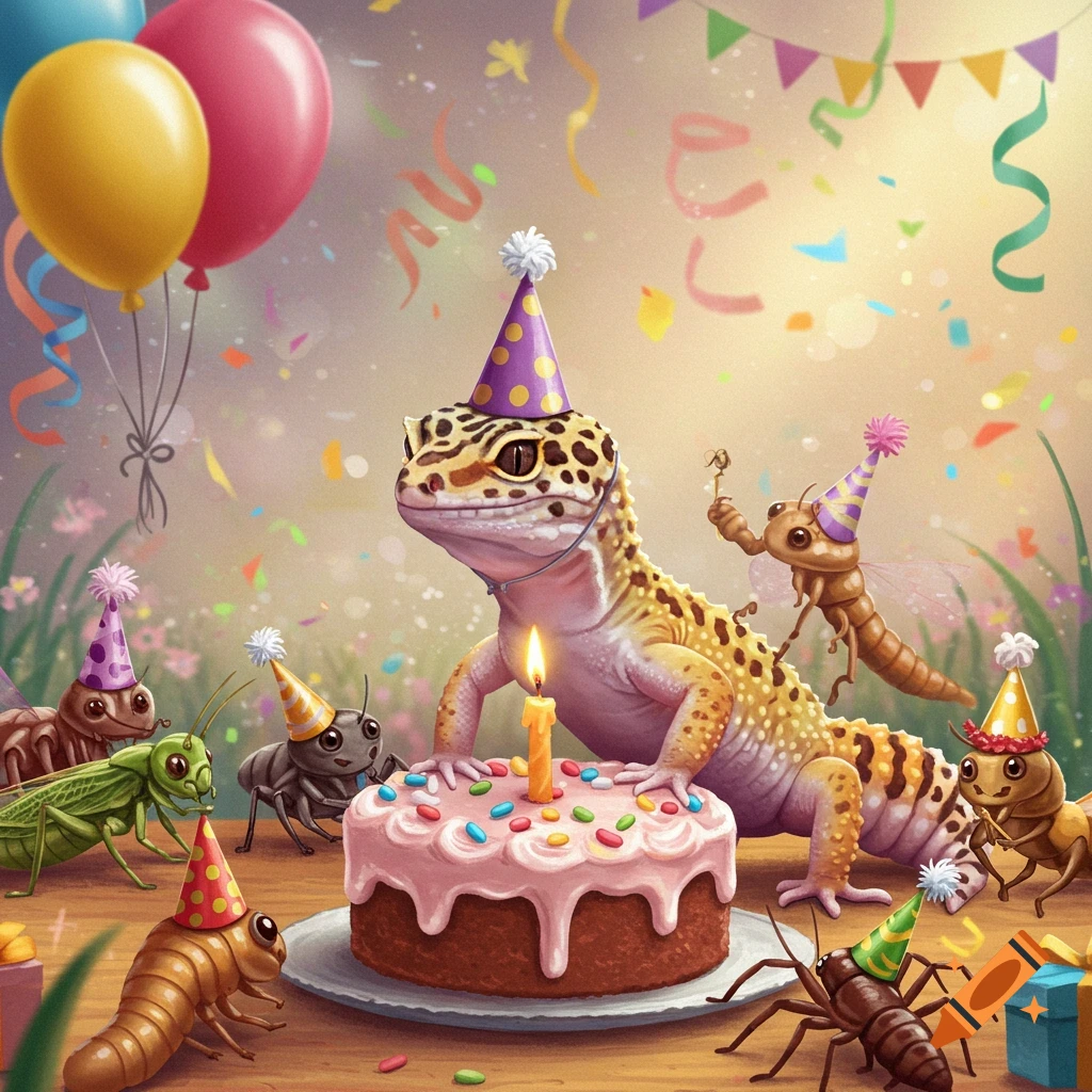 A leopard gecko and insects celebrate a birthday party with a cake and balloons.