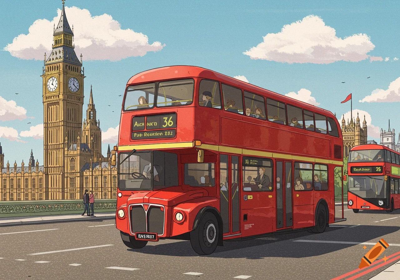 Stylized illustration of a red double-decker bus on a London street with Big Ben in the background.