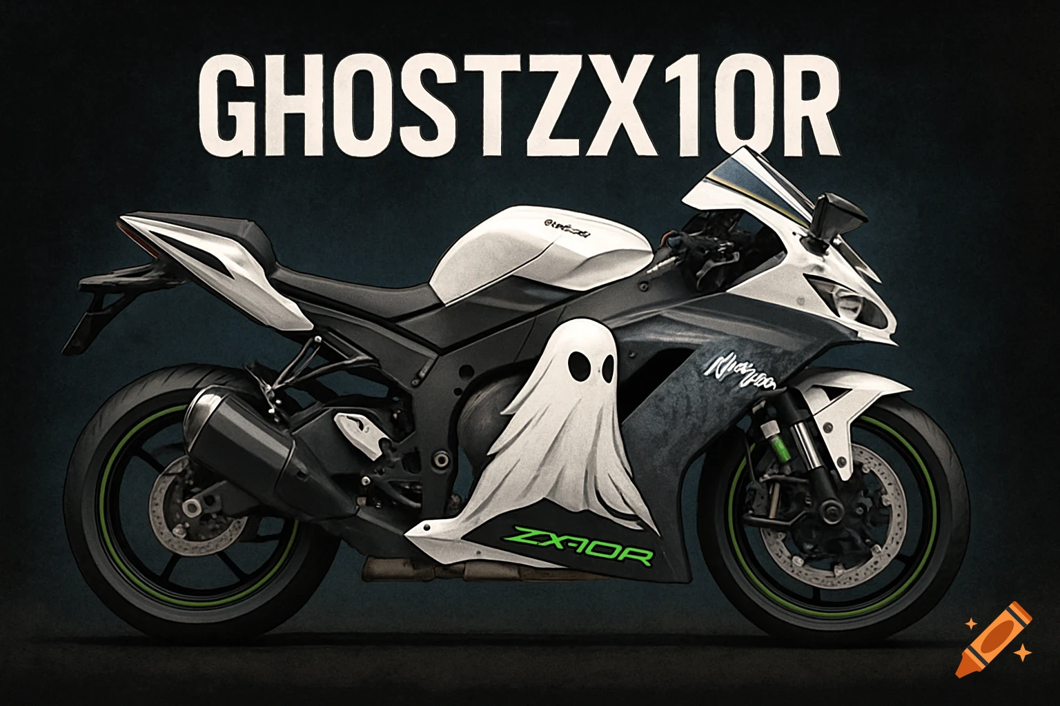 An illustration of a black and white motorcycle with a ghost design and text.