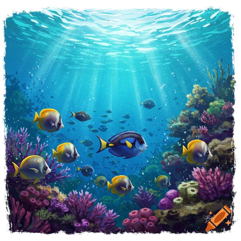 Colorful fish swim in a coral reef with rays of light filtering from the surface in a painterly style.