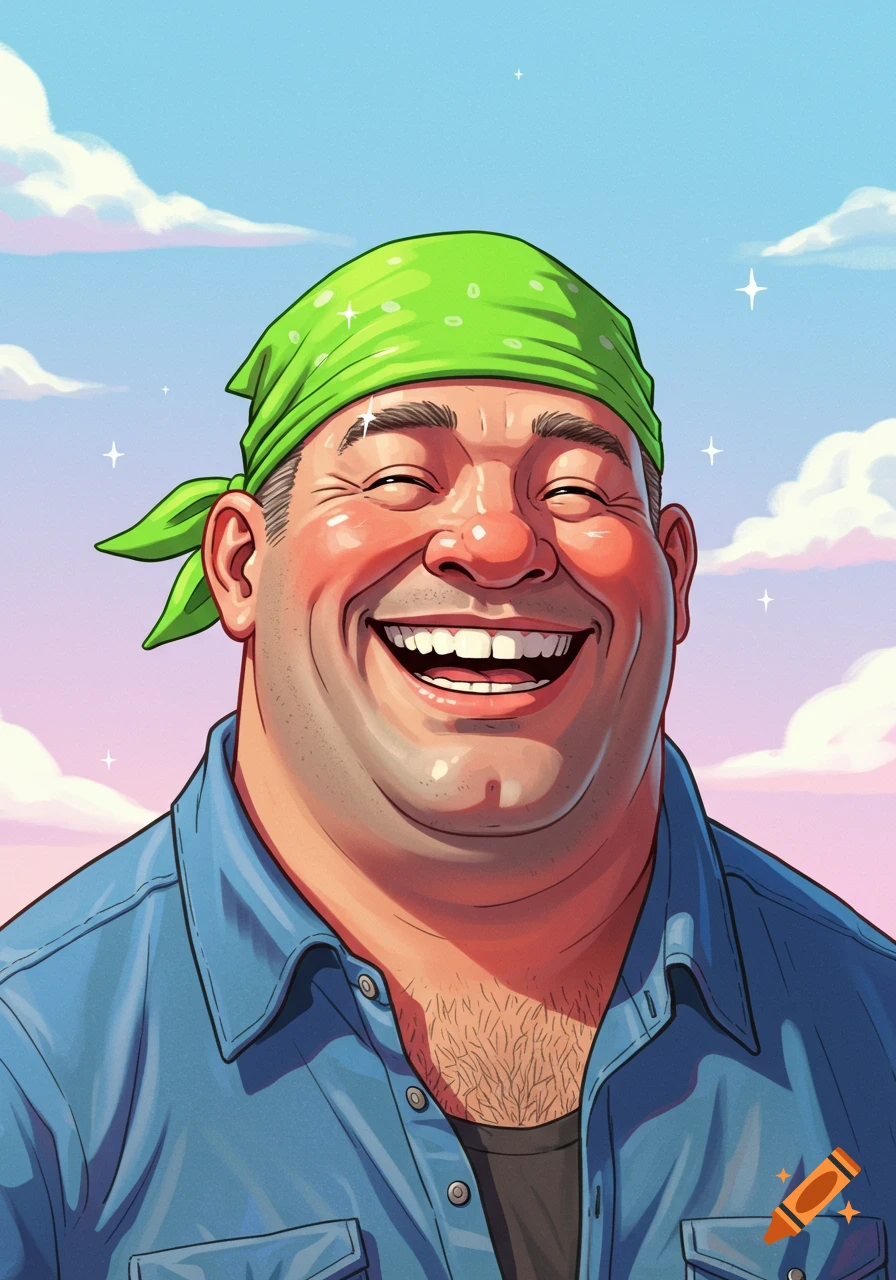 Stylized illustration of a cheerful man wearing a green bandana and blue shirt, laughing heartily.