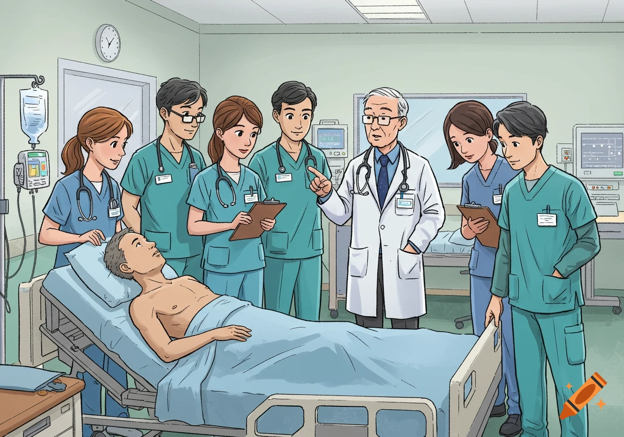 Cartoon illustration of medical professionals around a patient in a hospital room.