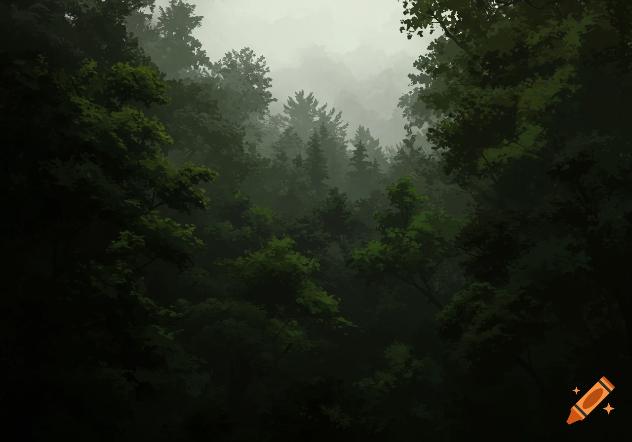 Looking up through a dense forest canopy towards a misty, obscured sky.
