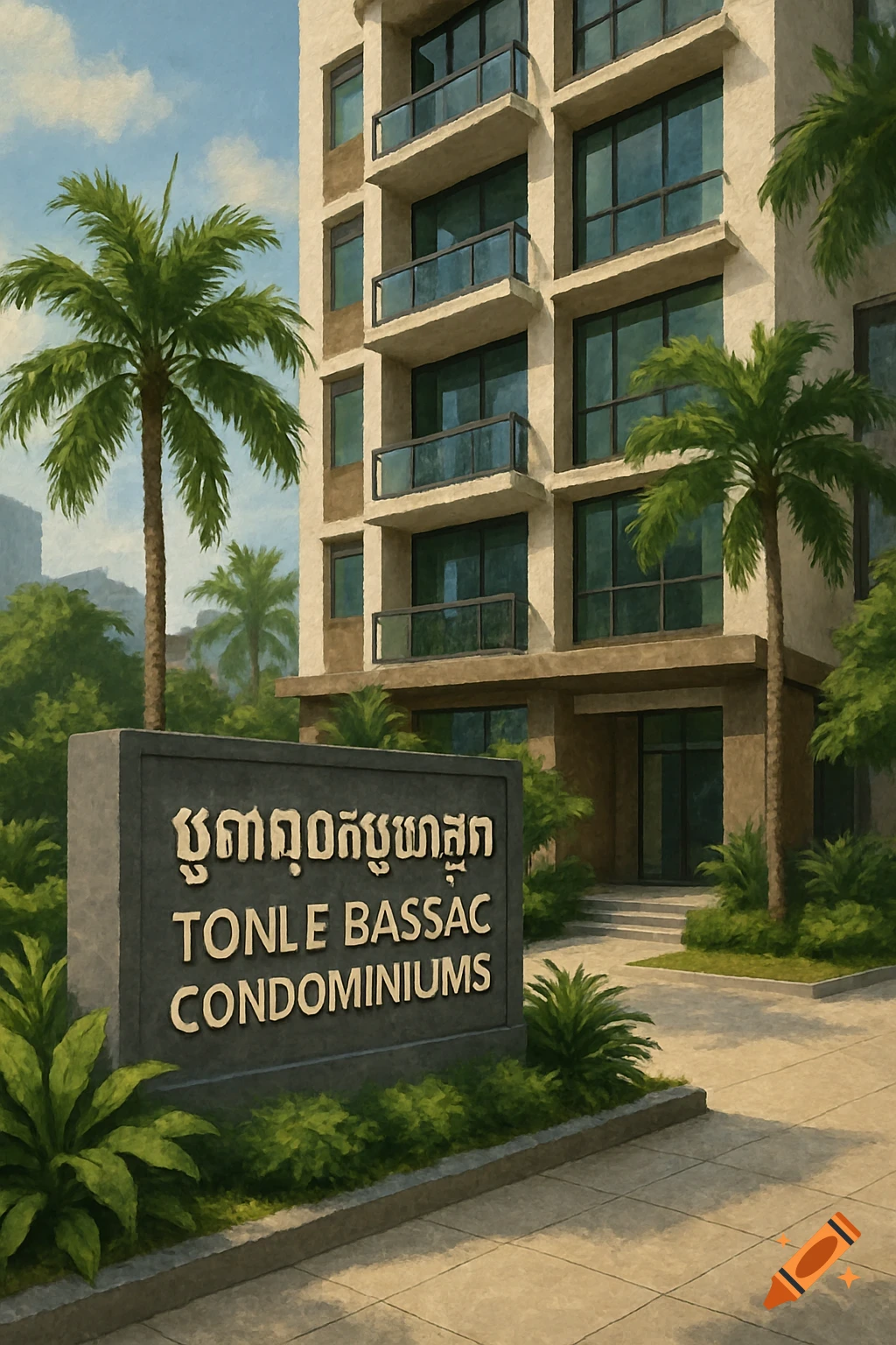 Modern condominium building with a sign that reads "Tonle Bassac Condominiums", with palm trees and tropical landscaping, painterly style.