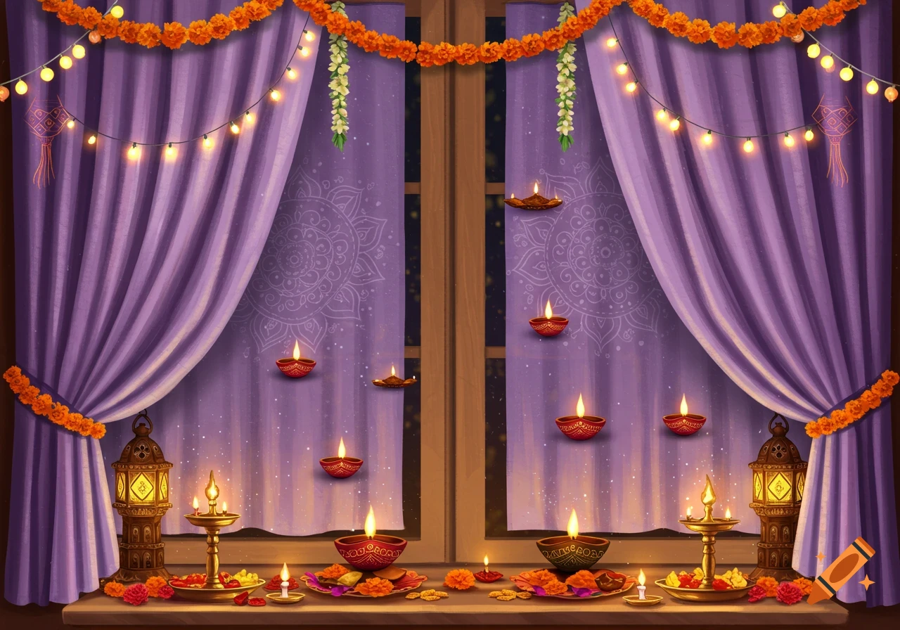 Diwali decorations at a window with purple curtains, lit diyas, garlands, and lanterns.
