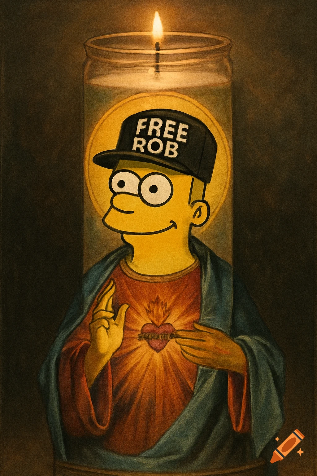 Bart Simpson depicted as a religious icon on a prayer candle, wearing a hat that says FREE ROB.