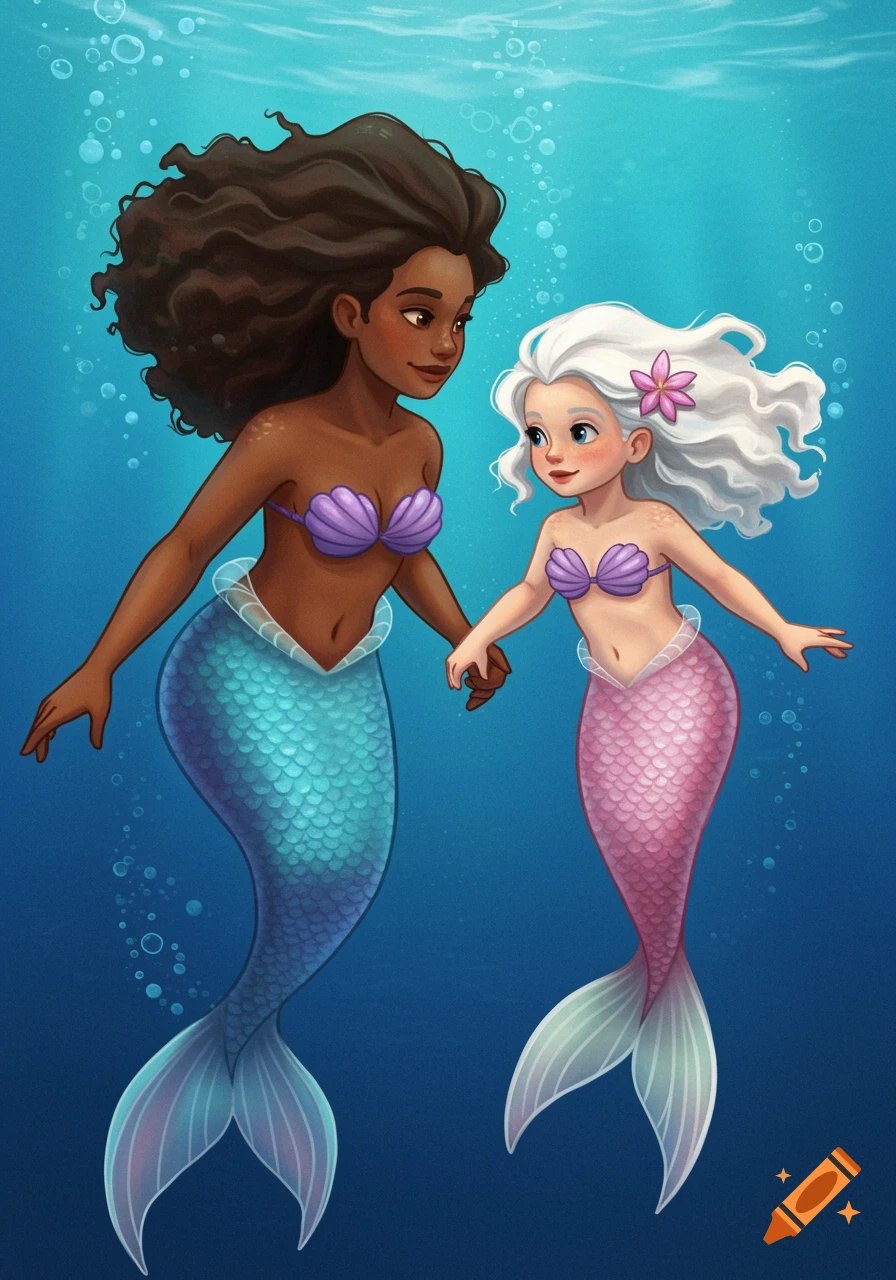 Stylized illustration of two mermaids holding hands underwater.