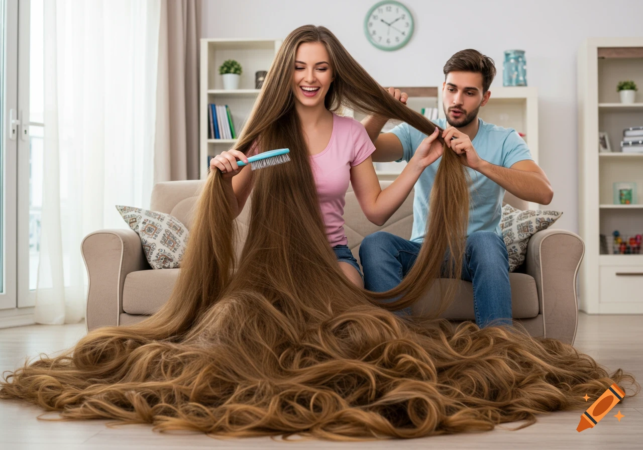 A man and woman in a living room with the woman's extremely long hair covering the floor.