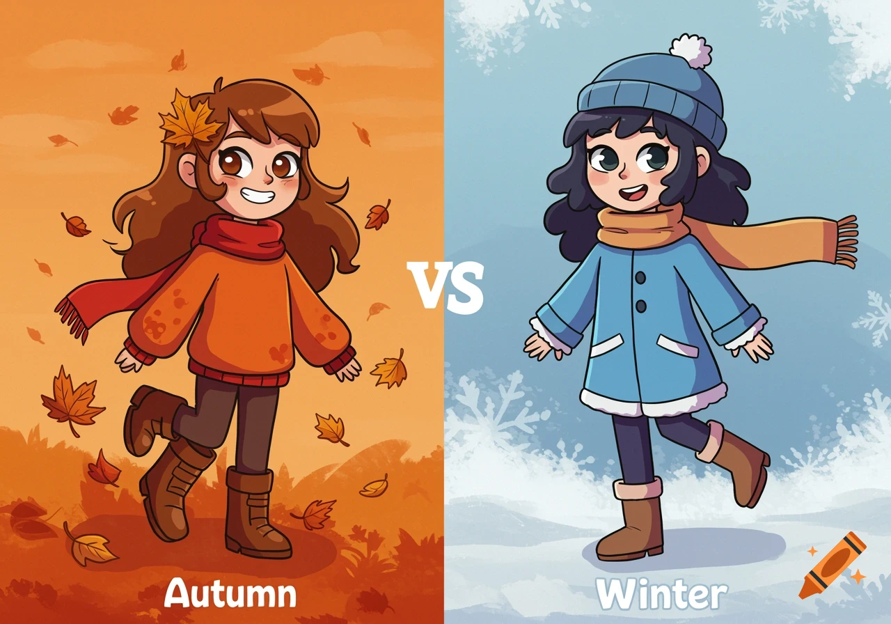 Cartoon illustration comparing autumn and winter with girls and season labels.