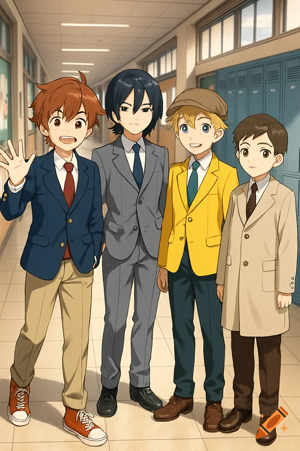 Four anime boys in suits and blazers pose in a school hallway