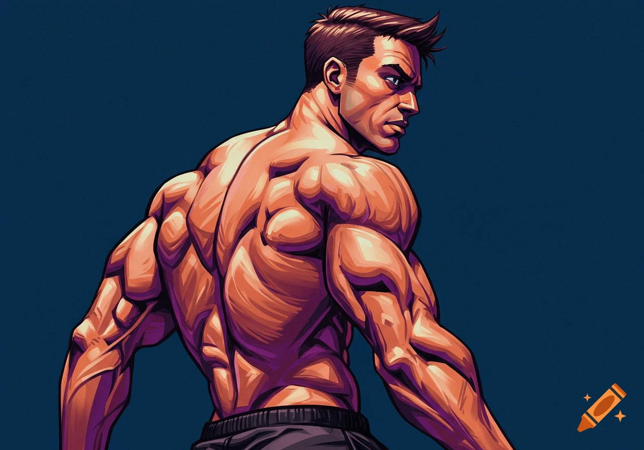 Muscular man looking over shoulder, illustration style.
