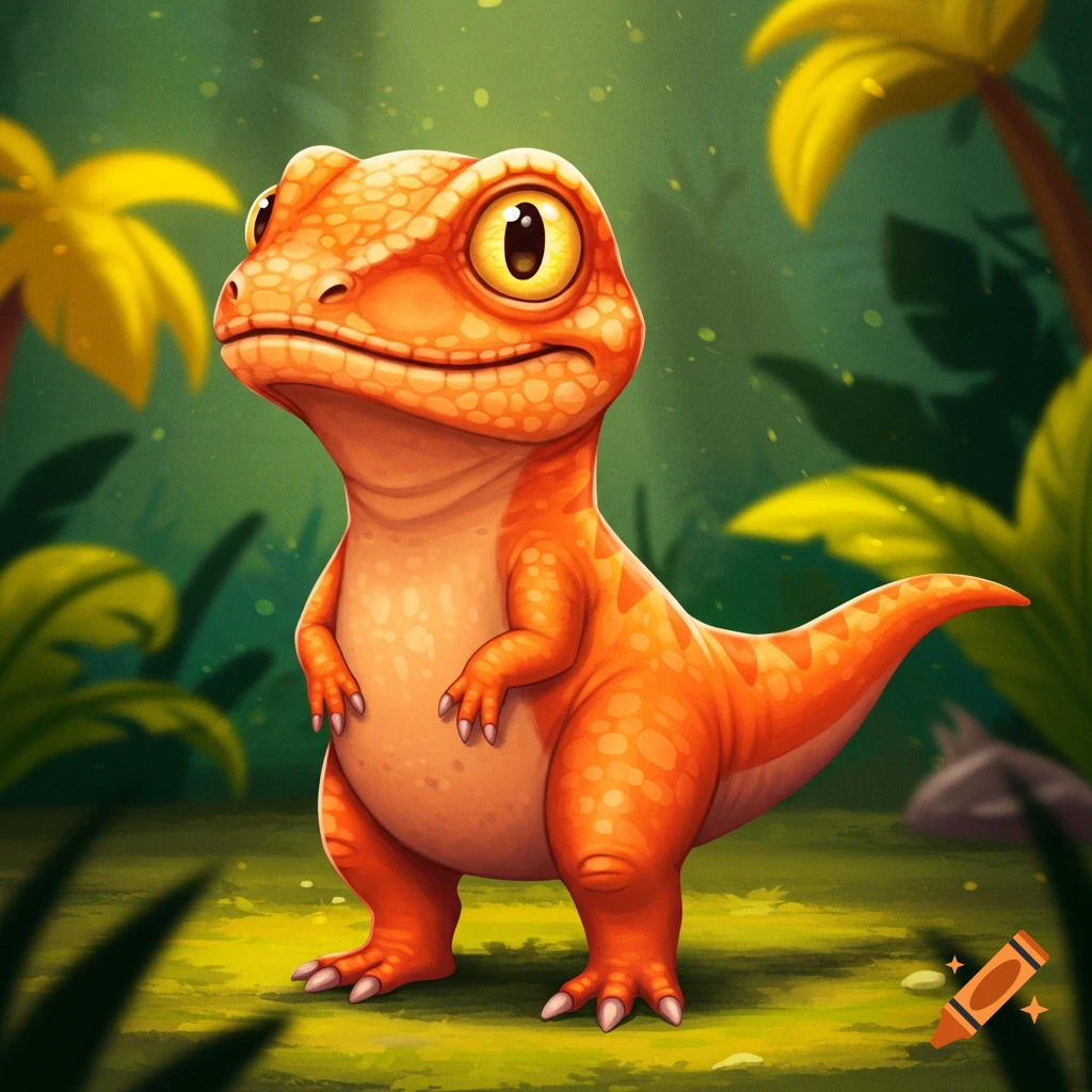 A cartoon orange dinosaur stands in a jungle.