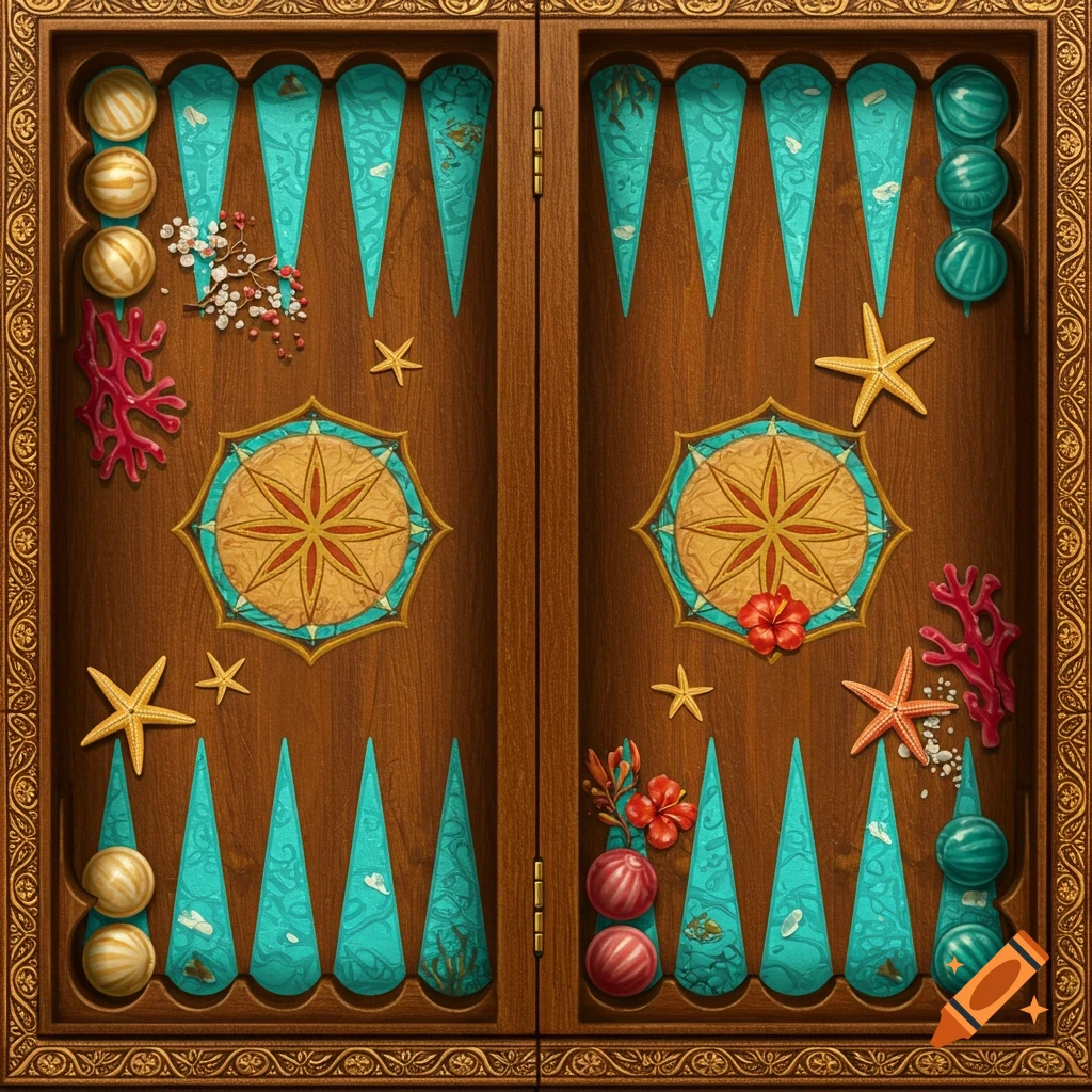 A backgammon board with a tropical sea life theme, featuring starfish, coral, and patterns.