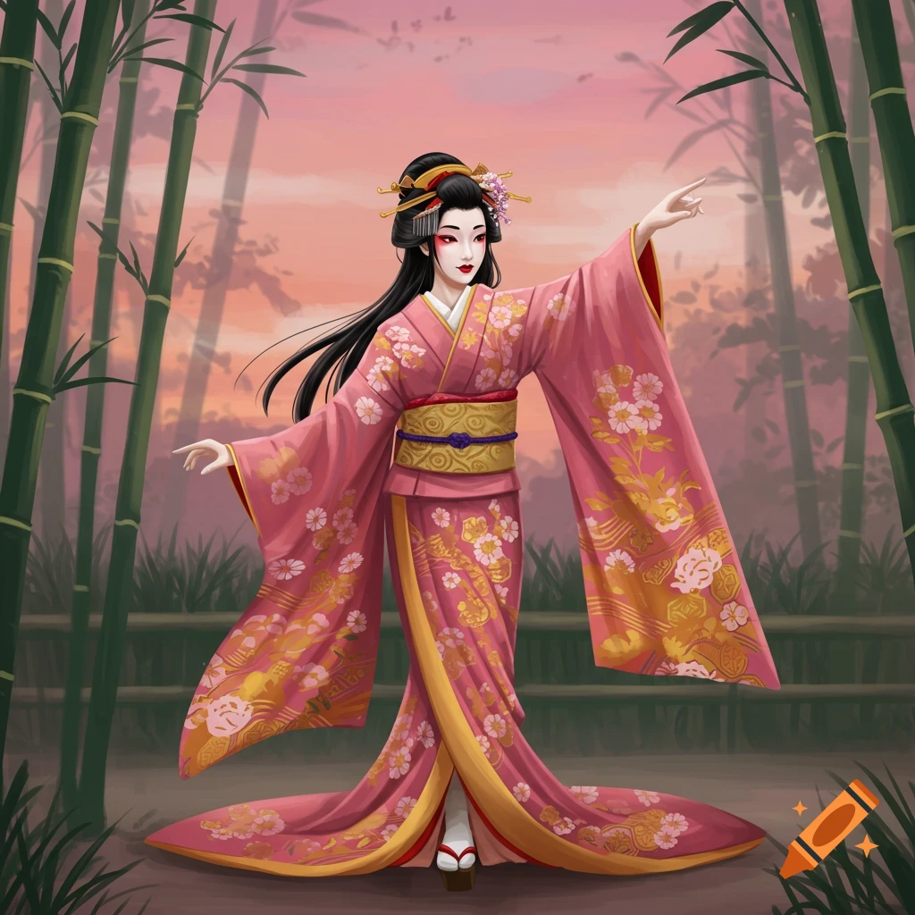 Digital art of a geisha in a pink kimono posing among bamboo at sunset.