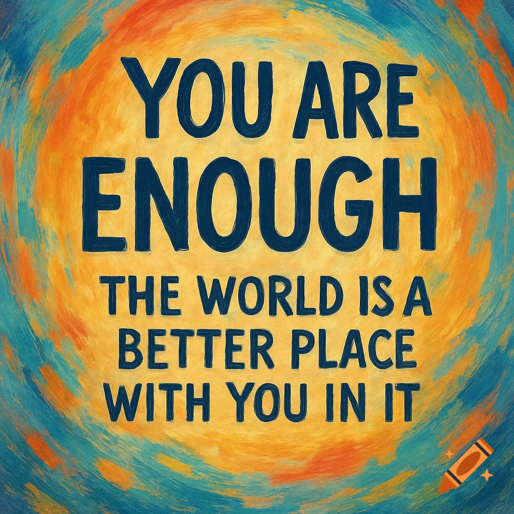 Inspirational quote 'You Are Enough. The world is a better place with you in it' on colorful abstract background.
