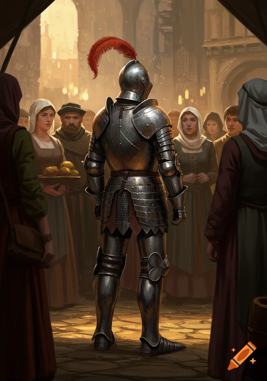 A knight in shining armor stands with their back to the viewer, facing a crowd in a medieval setting.