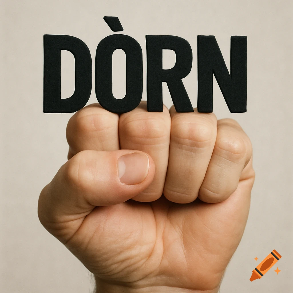 A clenched fist holds the word DÒRN above it.