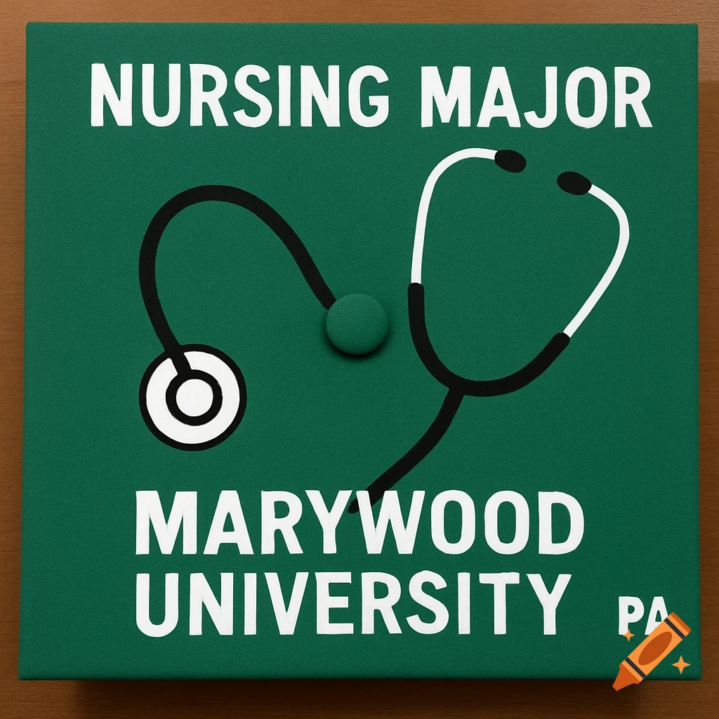 Green graduation cap design with 'NURSING MAJOR' and 'MARYWOOD UNIVERSITY PA' text and a stethoscope.