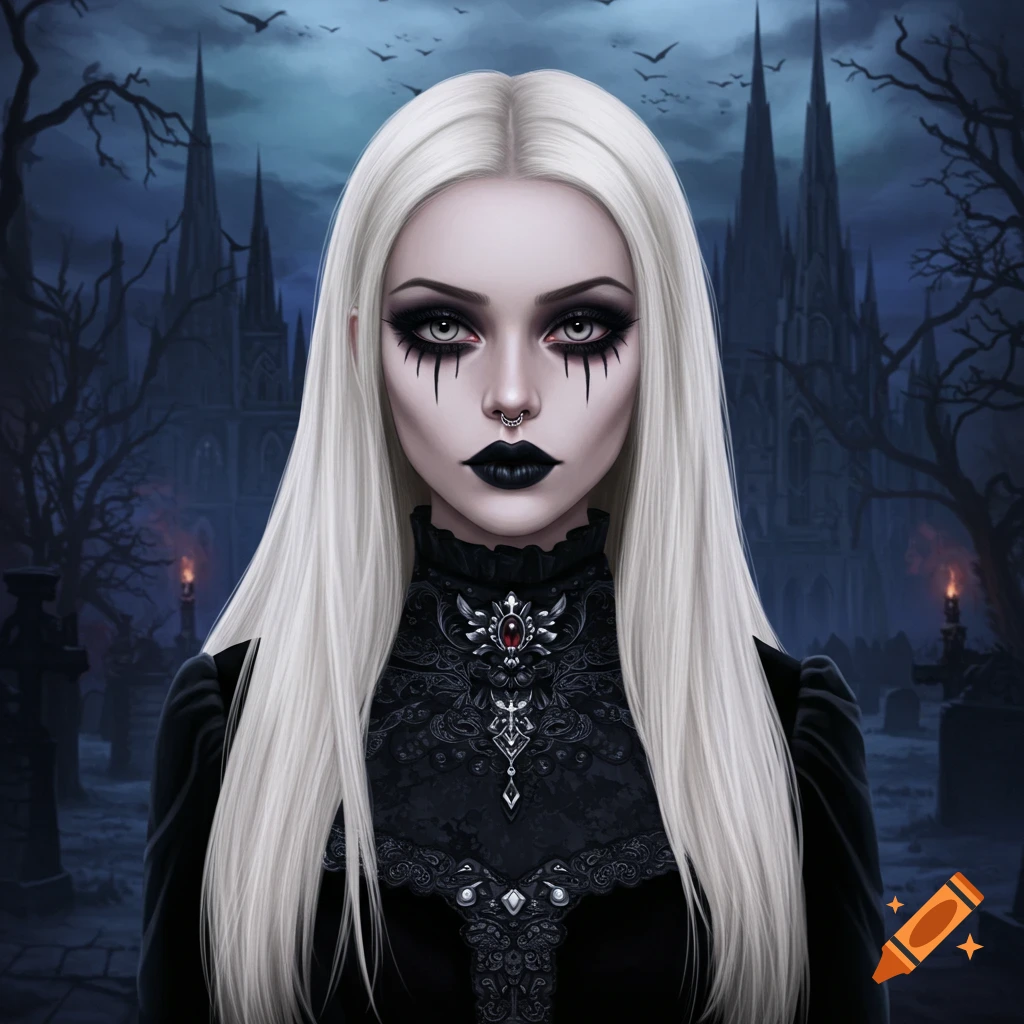 A stylized portrait of a woman with long white hair and goth makeup, wearing a black dress, standing in front of a gothic castle at night.