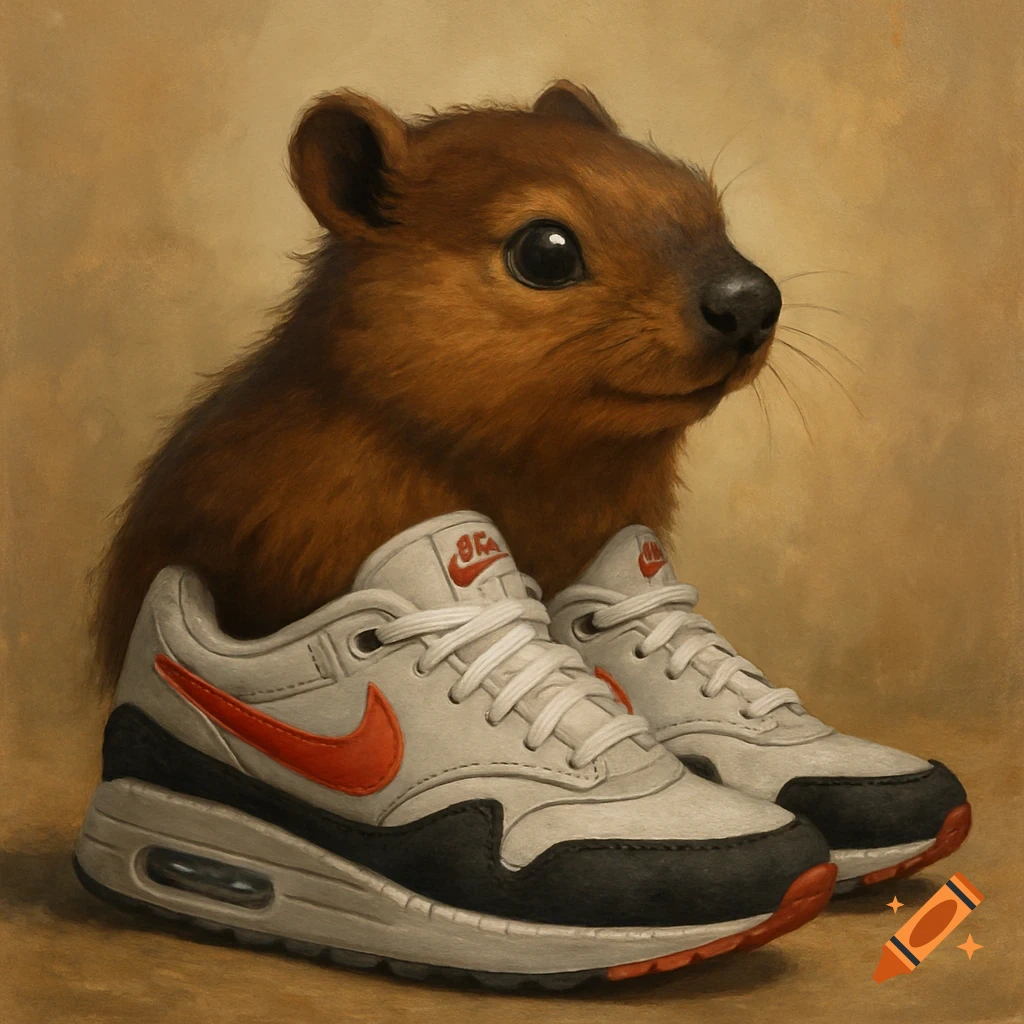 A furry brown animal sits behind a pair of white, grey, and red Nike sneakers in a painted style.
