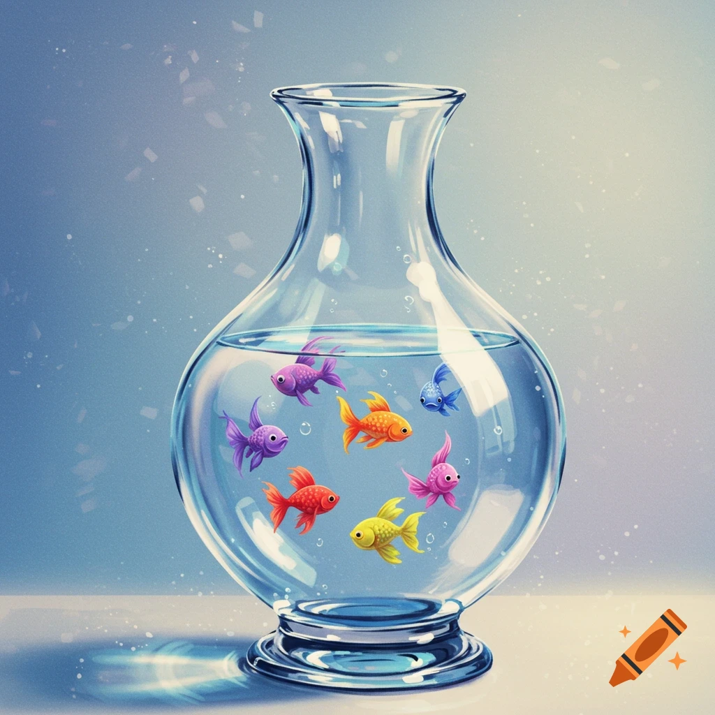 Colorful cartoon fish swim in a clear glass vase against a soft background.