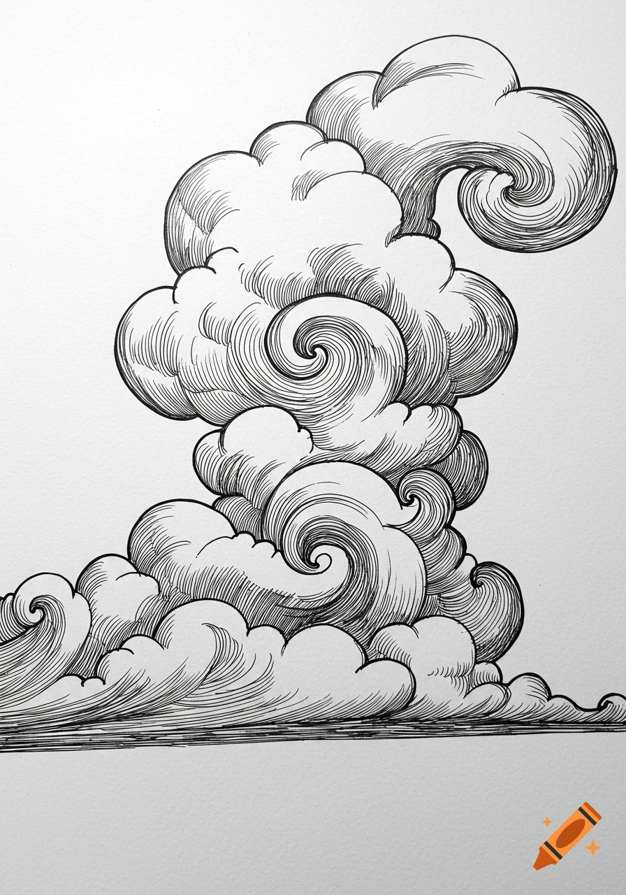 Black and white line art drawing of swirling clouds