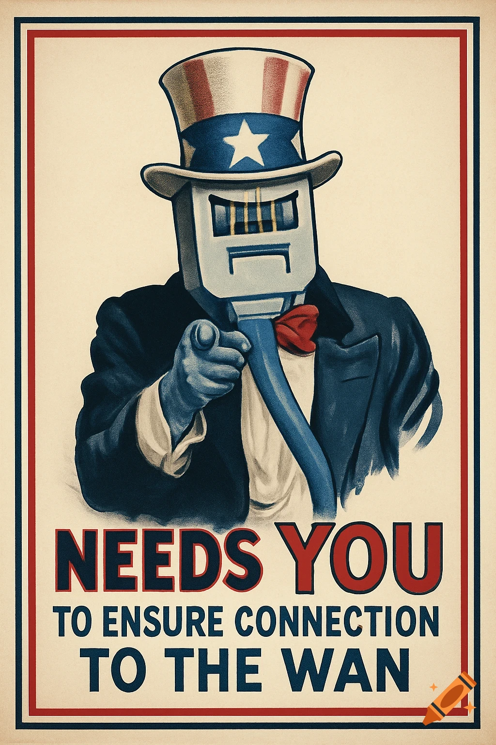 Uncle Sam figure with an Ethernet cable head pointing on a propaganda poster with text 'NEEDS YOU TO ENSURE CONNECTION TO THE WAN'
