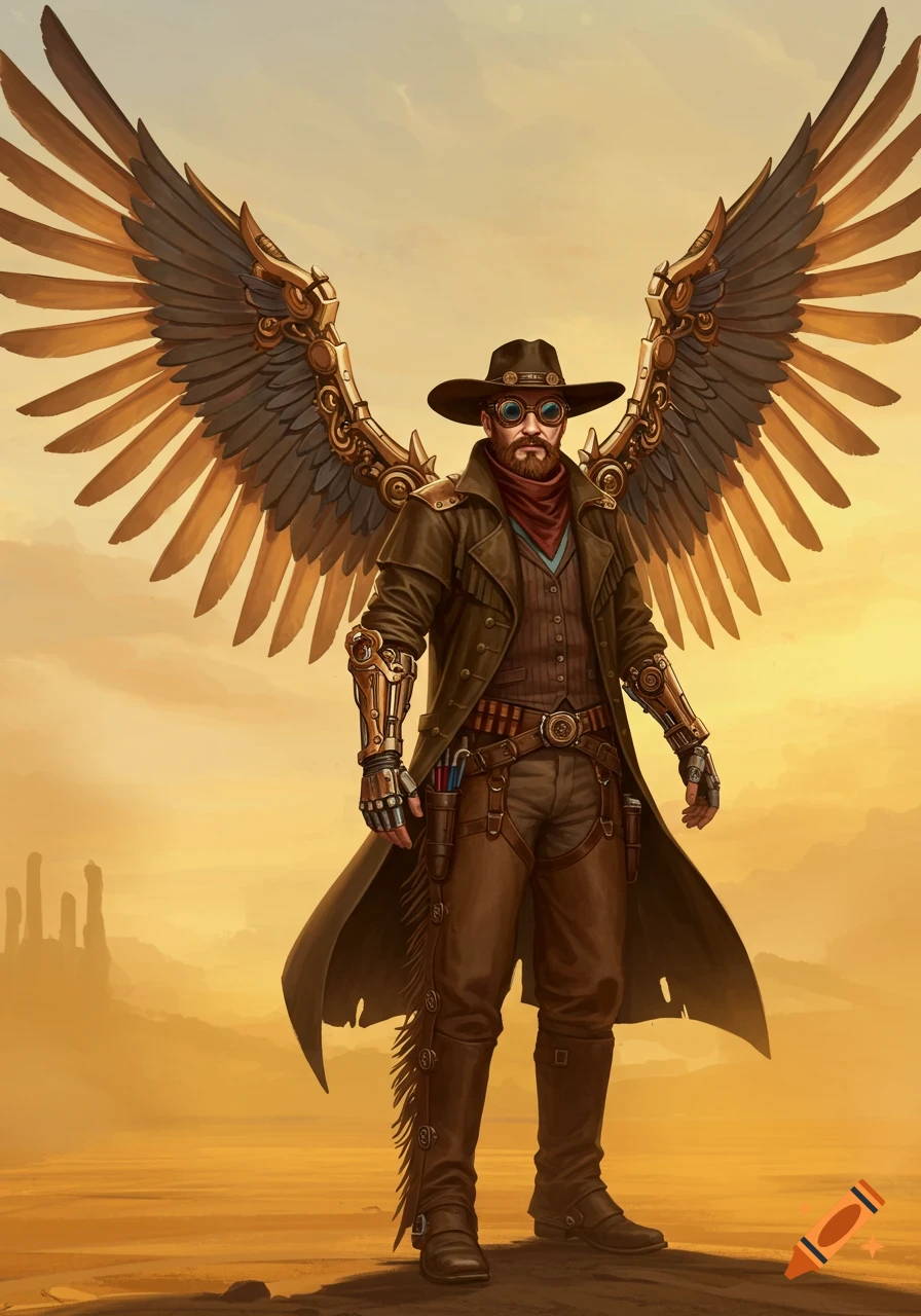 A man in steampunk Old West attire with mechanical wings stands in a desert