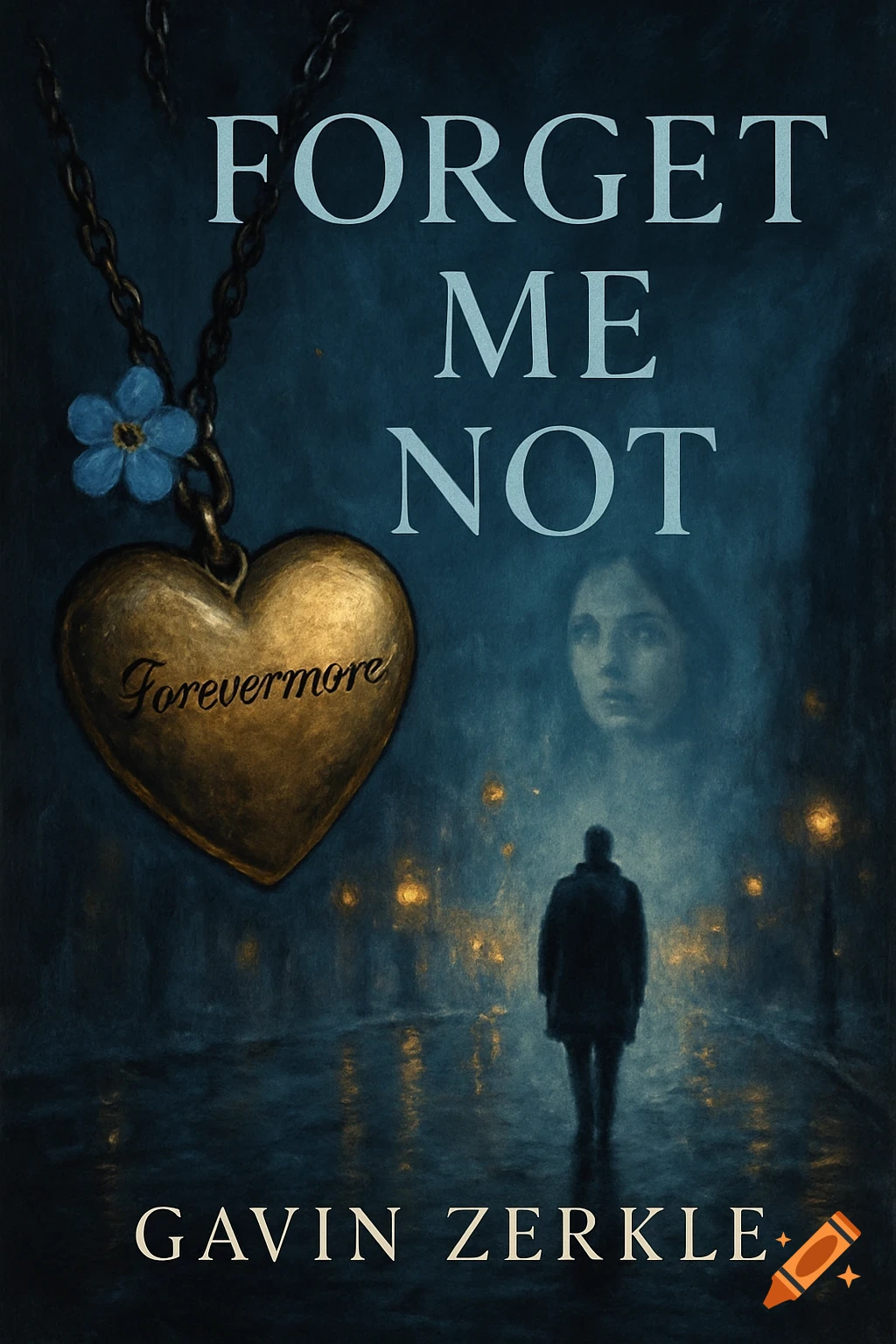 A book cover featuring a gold heart pendant, a figure on a wet street, and a face in the background, with the title "Forget Me Not."