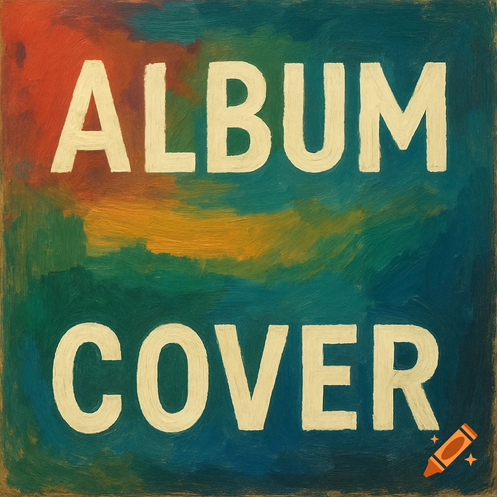 Abstract painting with red, orange, green, and blue brushstrokes and the words ALBUM COVER