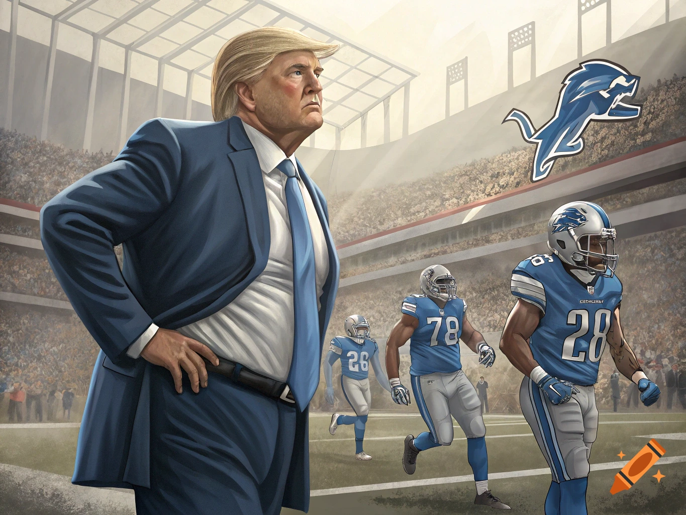 Illustration of Donald Trump in a blue suit on a football field with Detroit Lions players in the background.