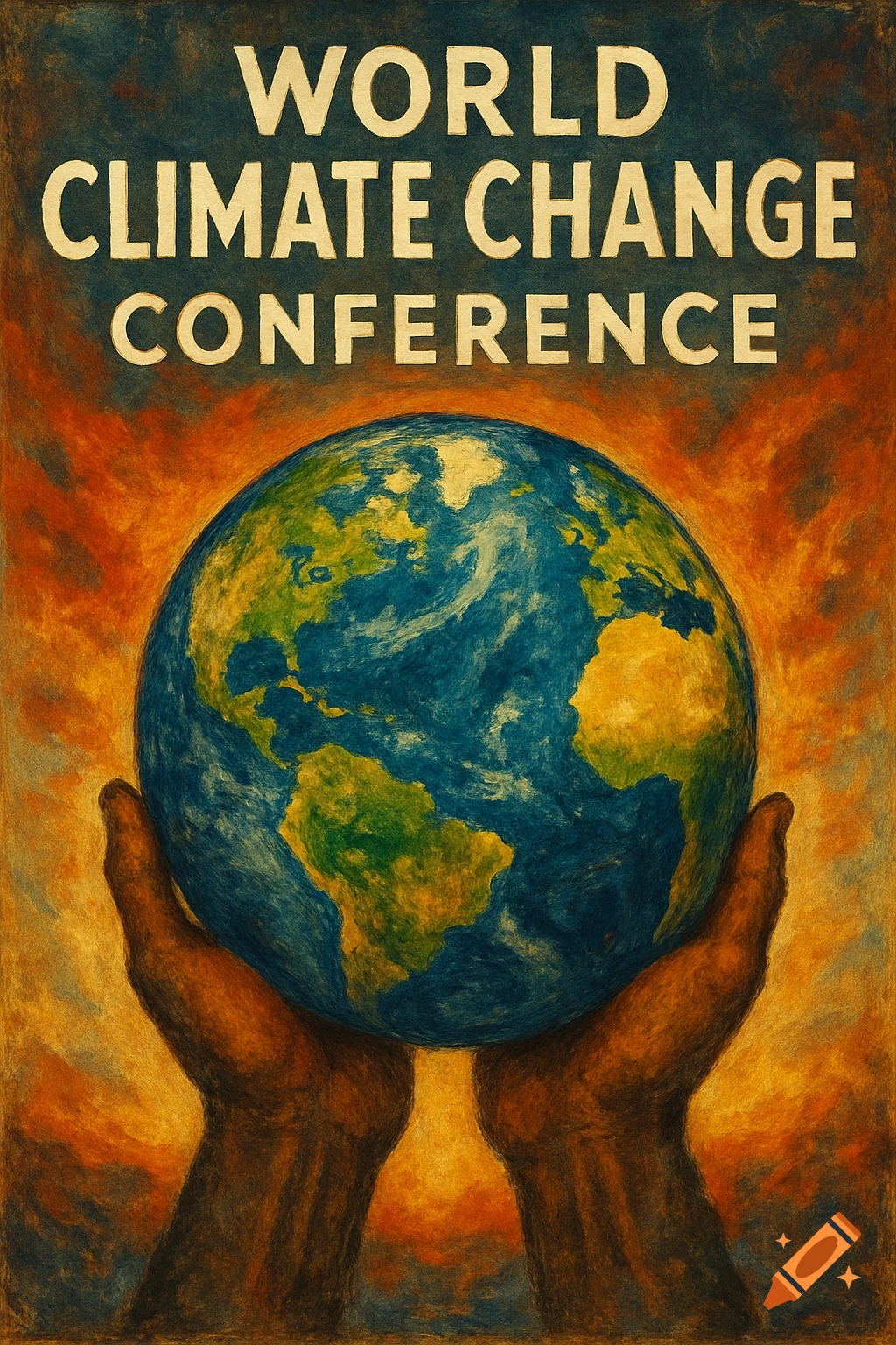 Painterly poster of hands holding the Earth with text 'World Climate Change Conference'