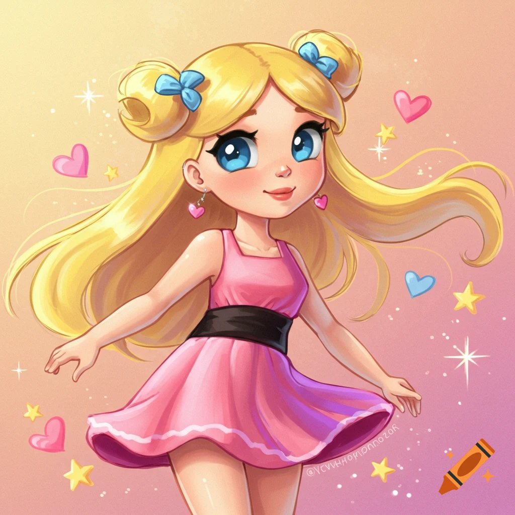 Cartoon illustration of a girl resembling Bubbles from Powerpuff Girls in a pink dress with hearts and stars.