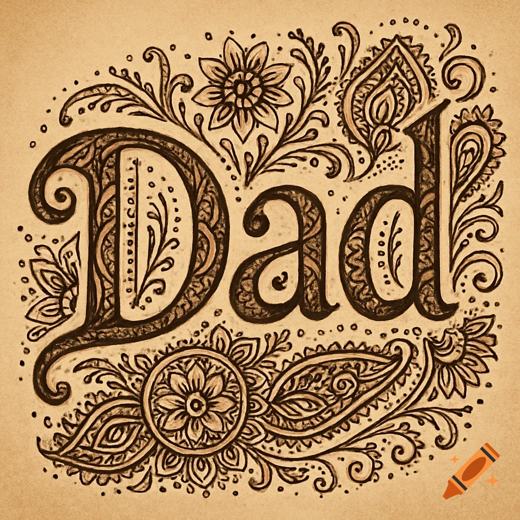 The word Dad stylized as brown henna art with decorative floral patterns.