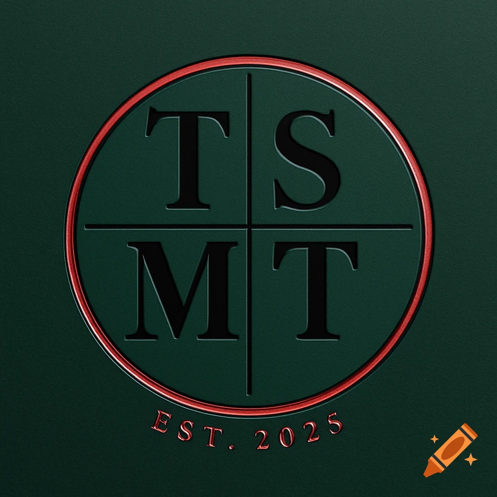 A circular monogram logo with black letters T, S, M, T in four quadrants within a red ring on a dark green textured background. 'EST. 2025' is below.