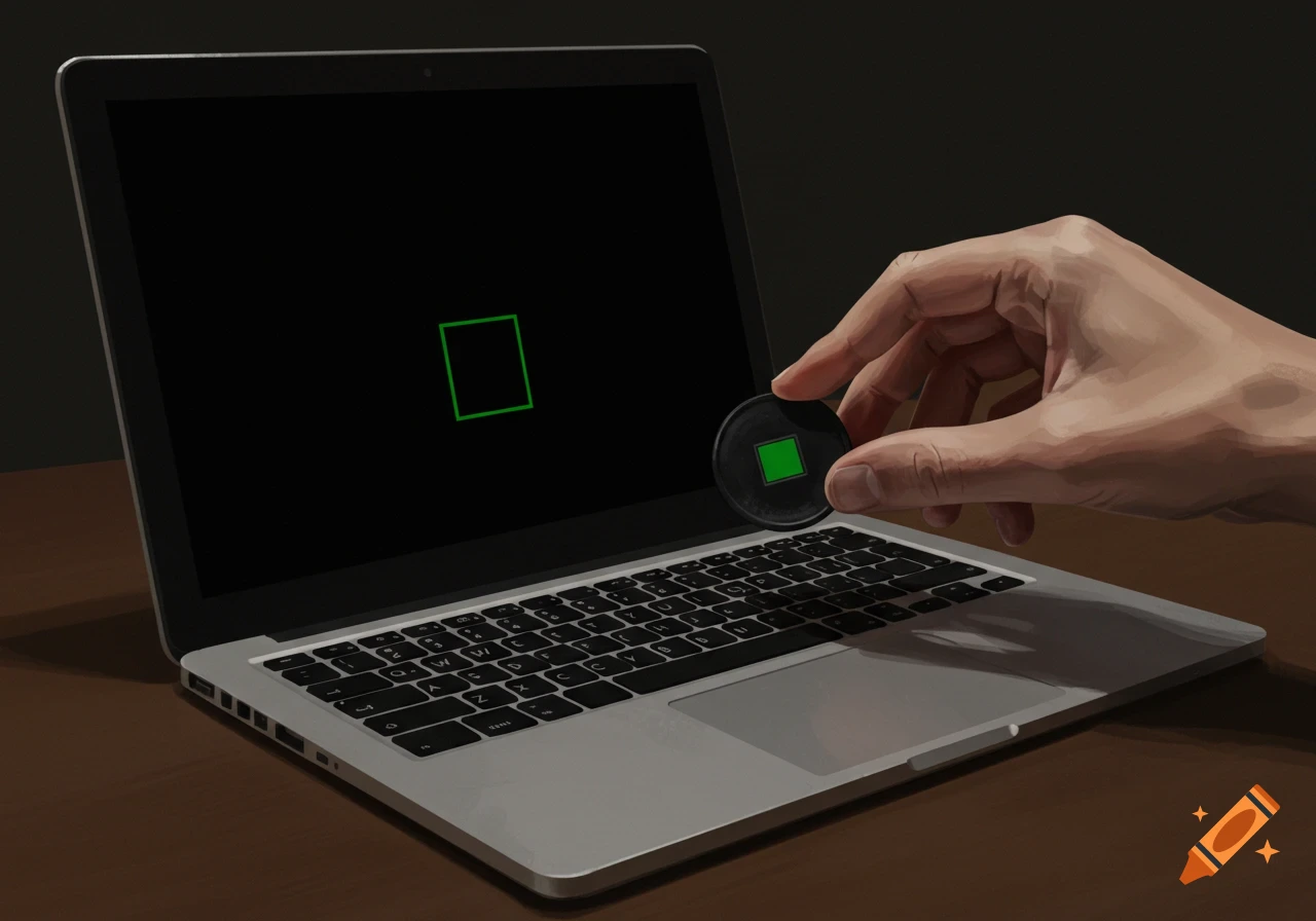 A hand holds a small black device over a laptop screen with a green square, digital painting style.