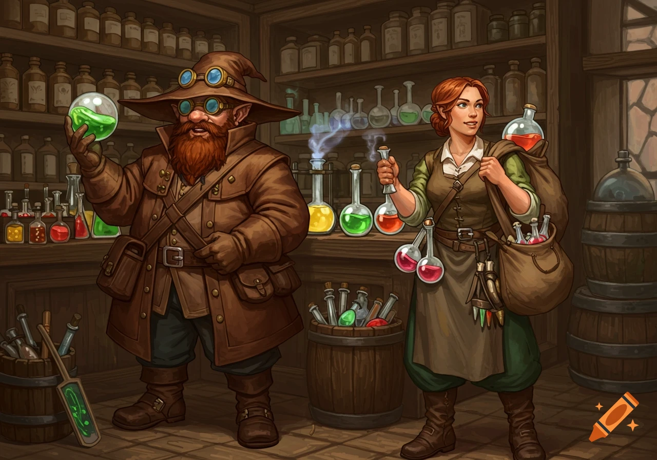 Two alchemist merchants, a male gnome and a female human, stand in a shop filled with bottles of potions.