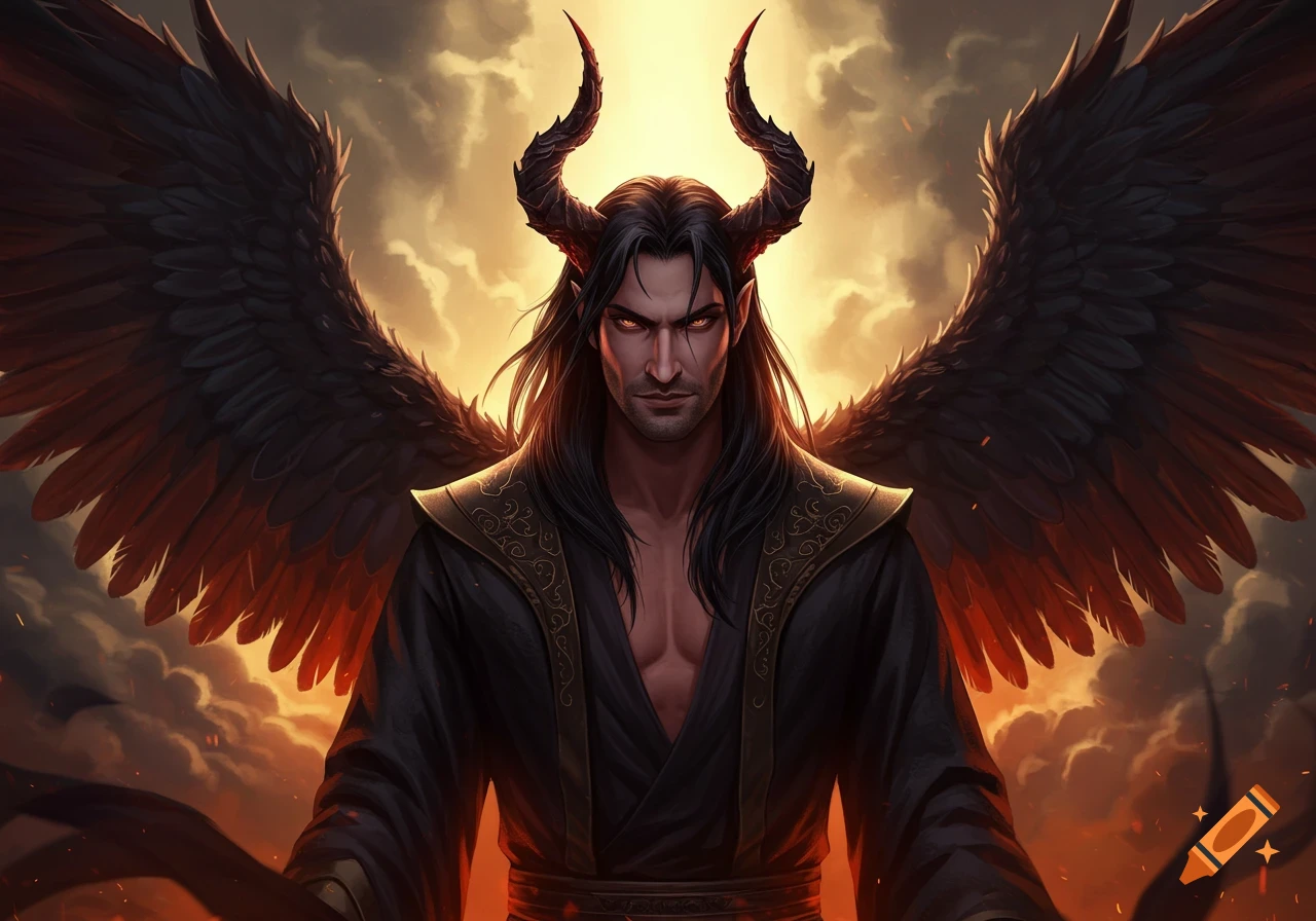 A man with horns and dark wings stands before a fiery sky.