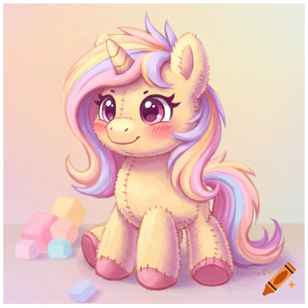 Pastel illustration of a cute stuffed unicorn sitting next to colorful blocks.