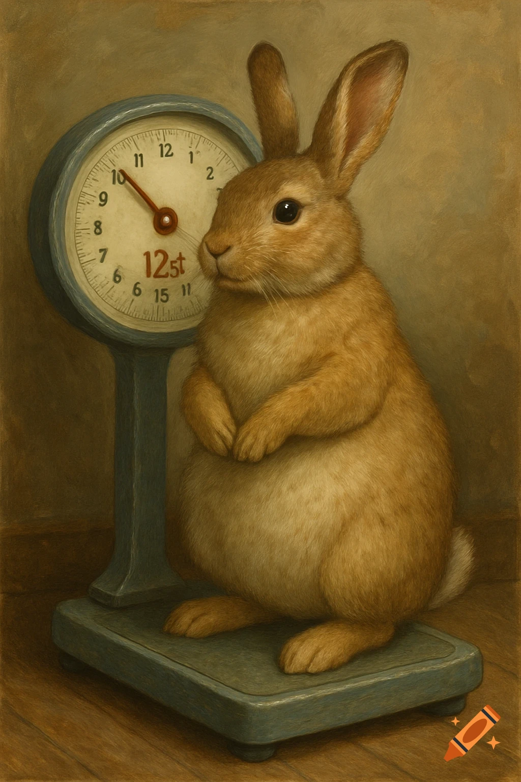 A brown bunny stands on an old scale. The scale dial shows '12st'. Painting style.