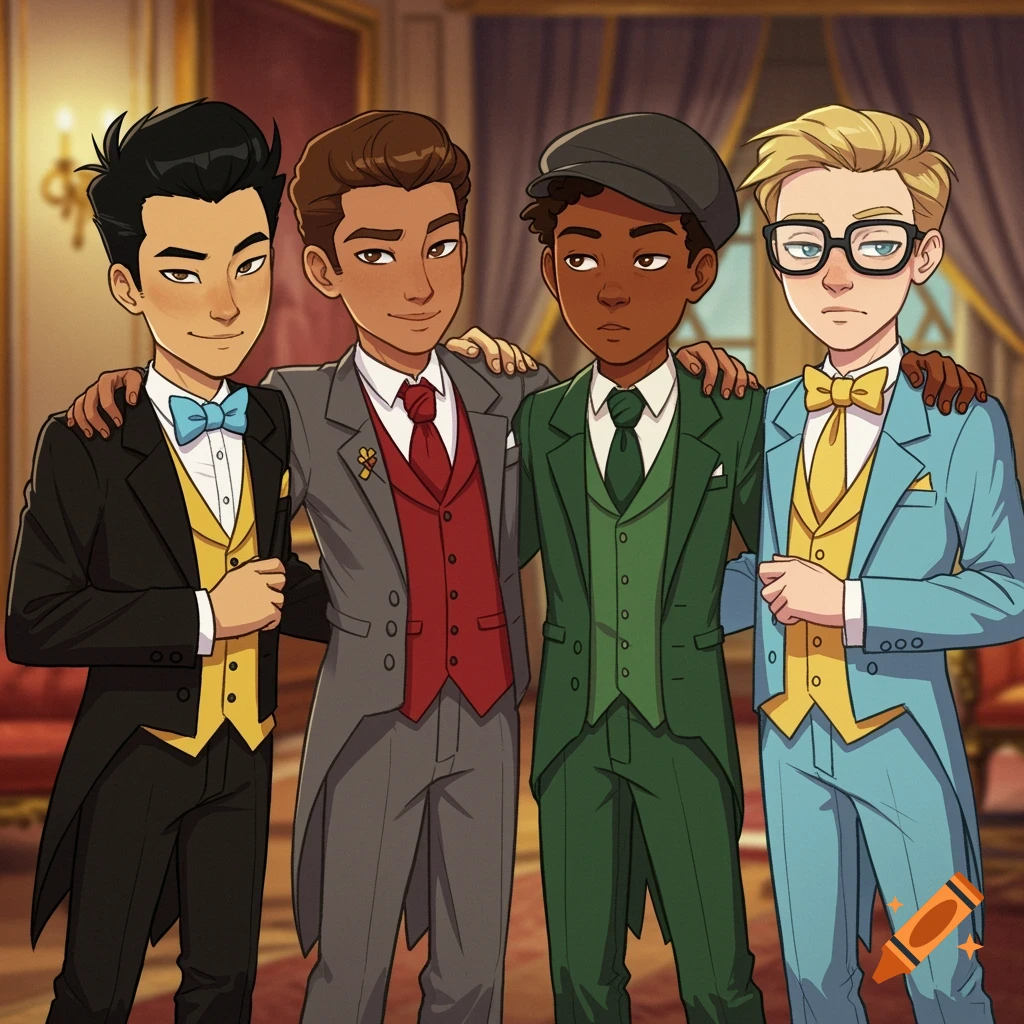 Four diverse teenage cartoon boys in colorful tuxedos stand with arms around each other in a formal room.
