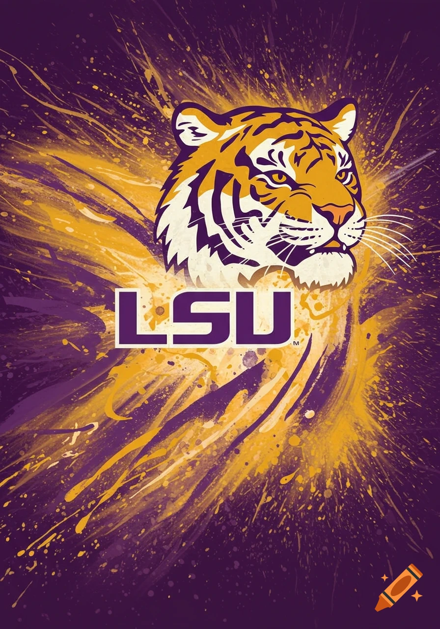 Tiger head and 'LSU' logo with purple and gold splattered background