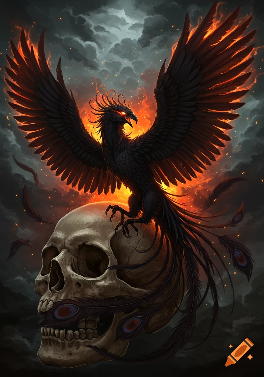 Dark illustration of a black phoenix perched on a skull with wings spread.