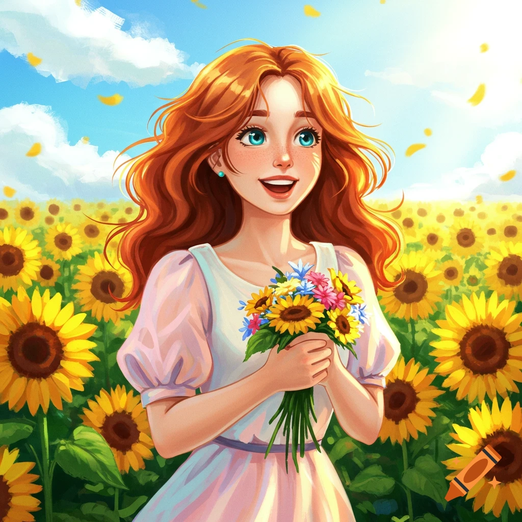 Anime illustration of a girl smiling in a sunflower field holding a bouquet.