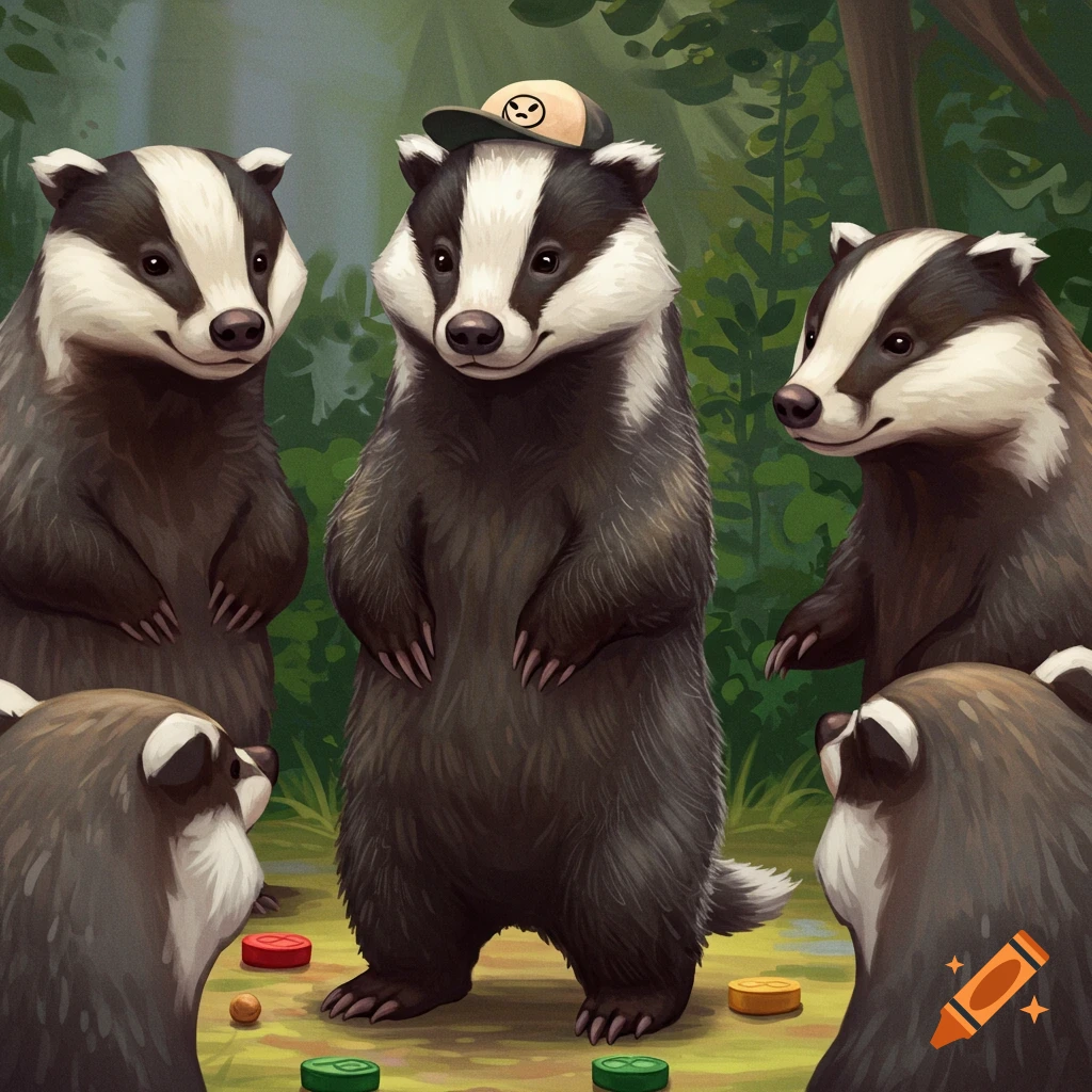 Anthropomorphic badgers stand and play a game in a forest clearing. One badger wears a cap with a symbol.