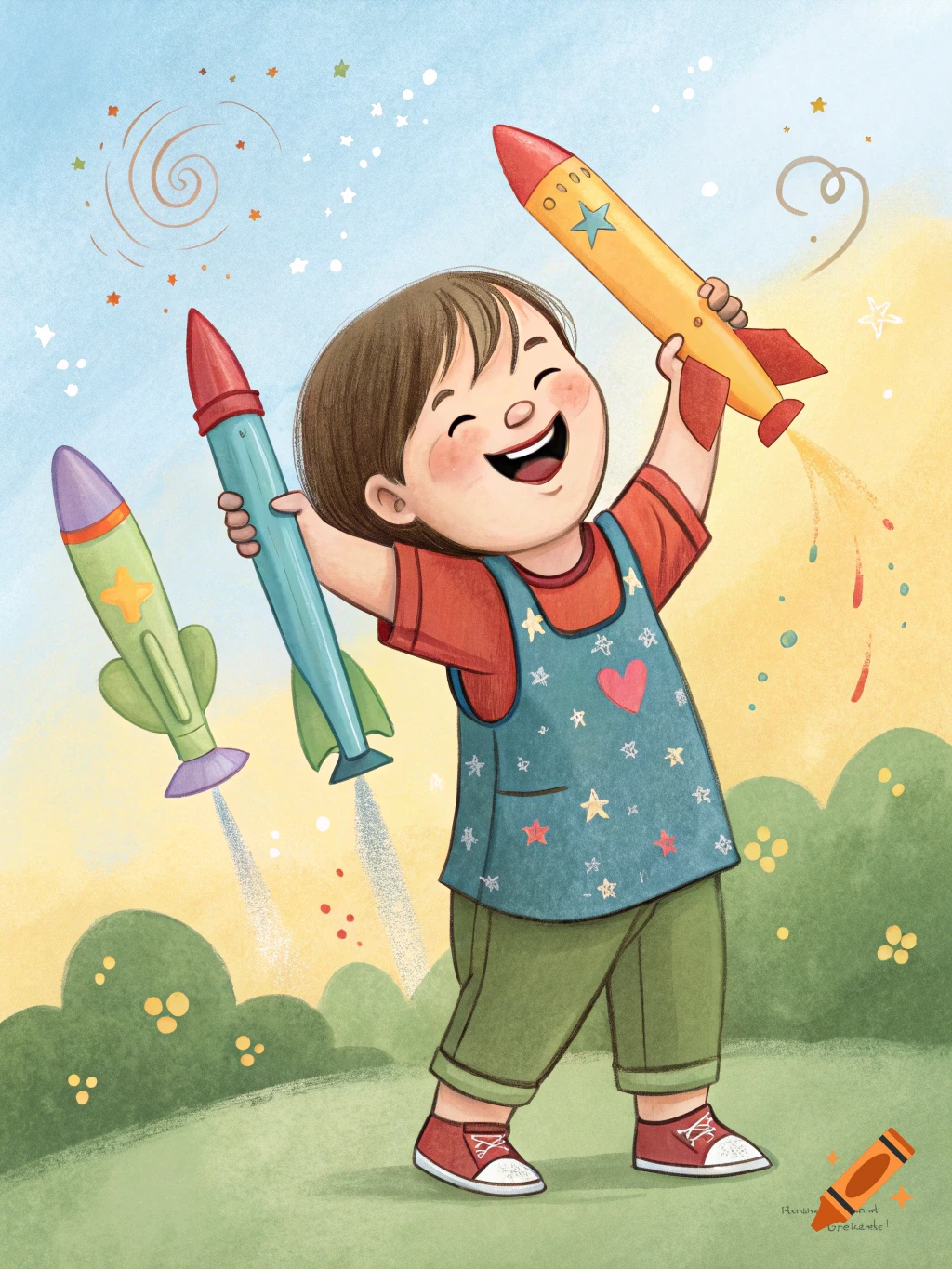 An illustration of a happy child holding toy rockets.