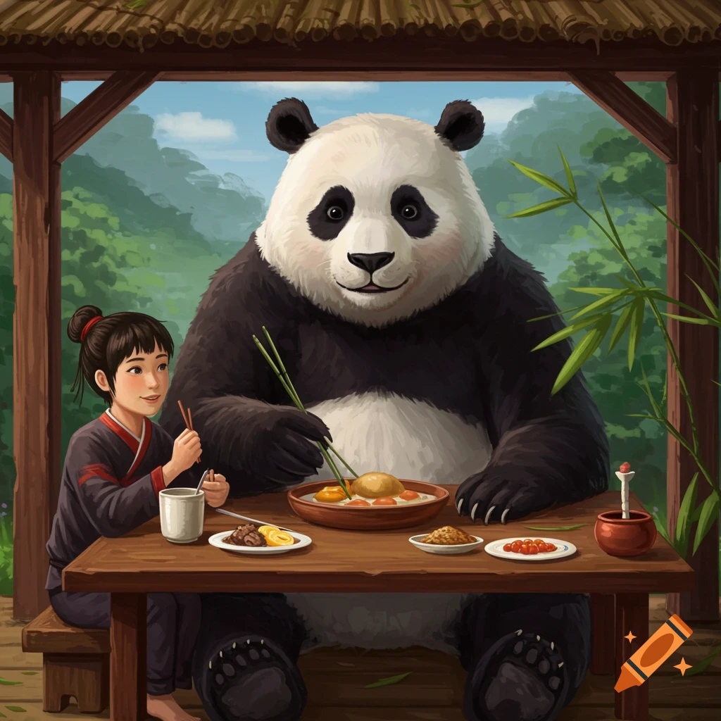 A large panda and a small person eat together at a table.